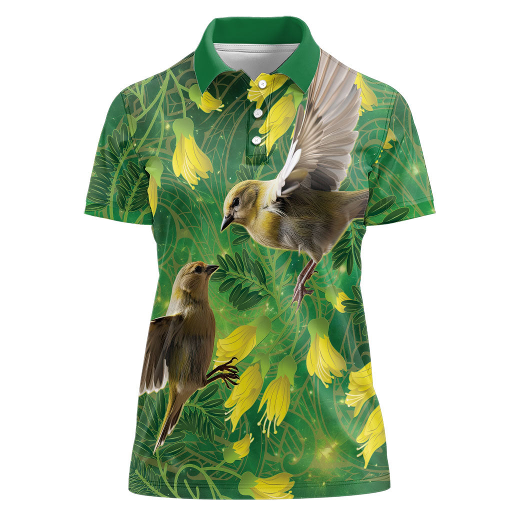 Bellbird New Zealand Personalised Women Polo Shirt Kowhai Flower Maori Pattern