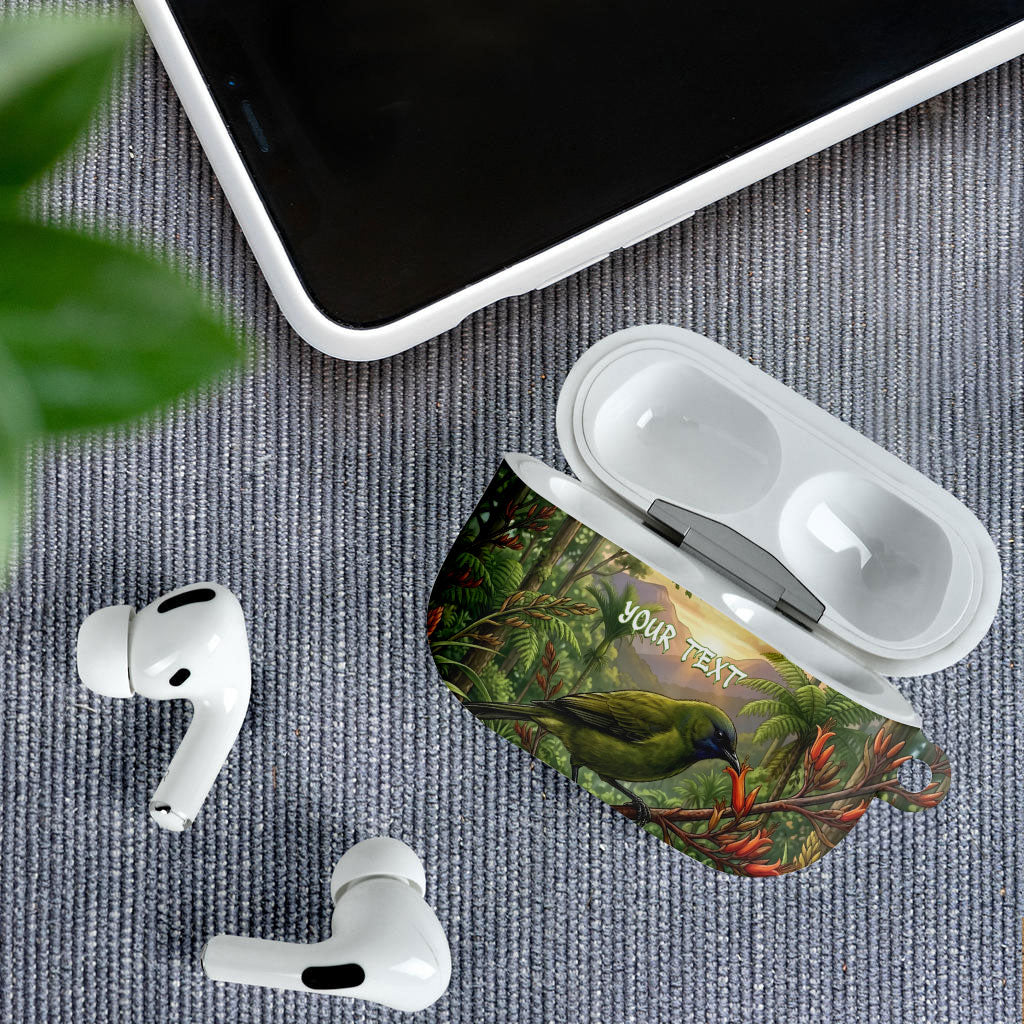 Bellbird New Zealand Personalised AirPods Case Korimako Harakeke Flower Native Forest