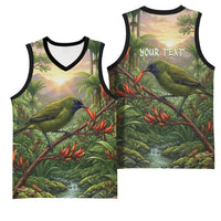 Bellbird New Zealand Personalised Basketball Jersey Korimako Harakeke Flower Native Forest
