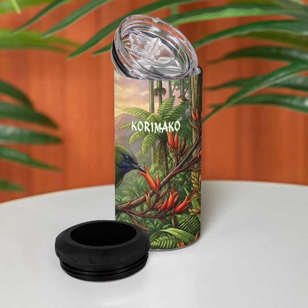 Bellbird New Zealand Personalised 4 in 1 Can Cooler Tumbler Korimako Harakeke Flower Native Forest