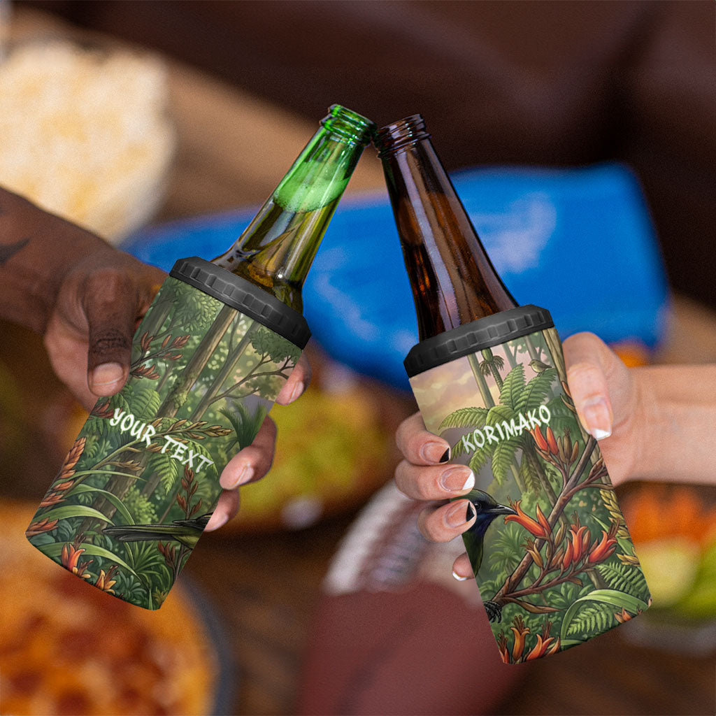 Bellbird New Zealand Personalised 4 in 1 Can Cooler Tumbler Korimako Harakeke Flower Native Forest
