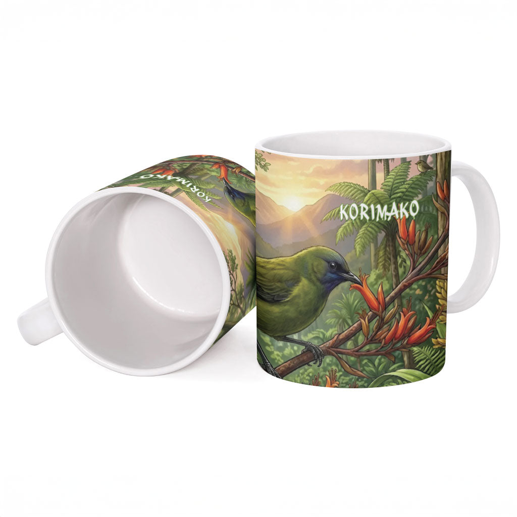 Bellbird New Zealand Personalised Ceramic Mug Korimako Harakeke Flower Native Forest