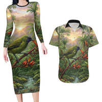 Bellbird New Zealand Personalised Couples Matching Long Sleeve Bodycon Dress and Hawaiian Shirt Korimako Harakeke Flower Native Forest LT22 Green - Polynesian Pride