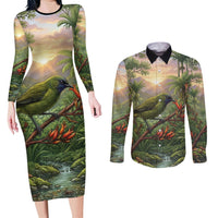 Bellbird New Zealand Personalised Couples Matching Long Sleeve Bodycon Dress and Long Sleeve Button Shirt Korimako Harakeke Flower Native Forest LT22 Green - Polynesian Pride