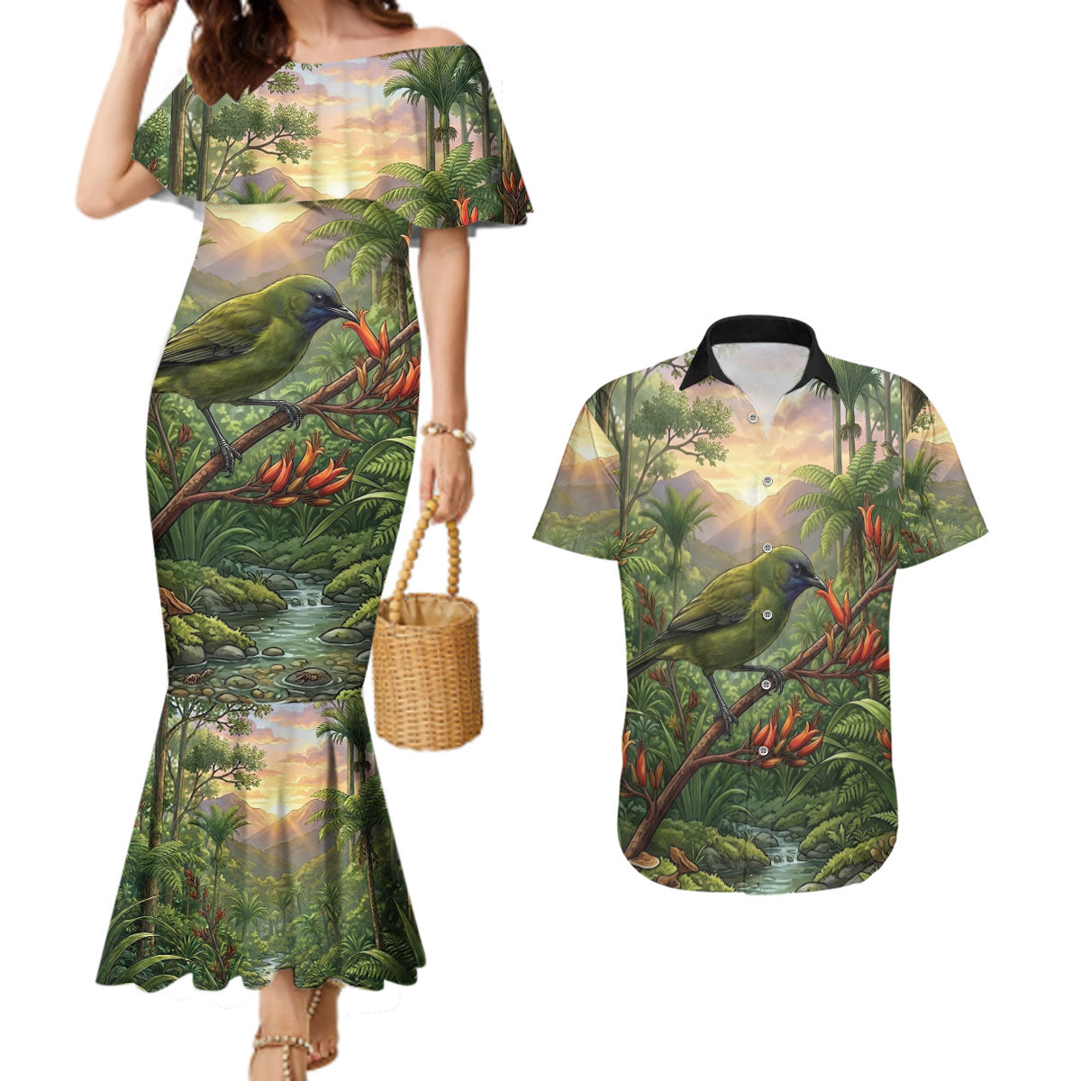 Bellbird New Zealand Personalised Couples Matching Mermaid Dress and Hawaiian Shirt Korimako Harakeke Flower Native Forest