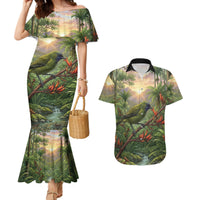 Bellbird New Zealand Personalised Couples Matching Mermaid Dress and Hawaiian Shirt Korimako Harakeke Flower Native Forest LT22 Green - Polynesian Pride