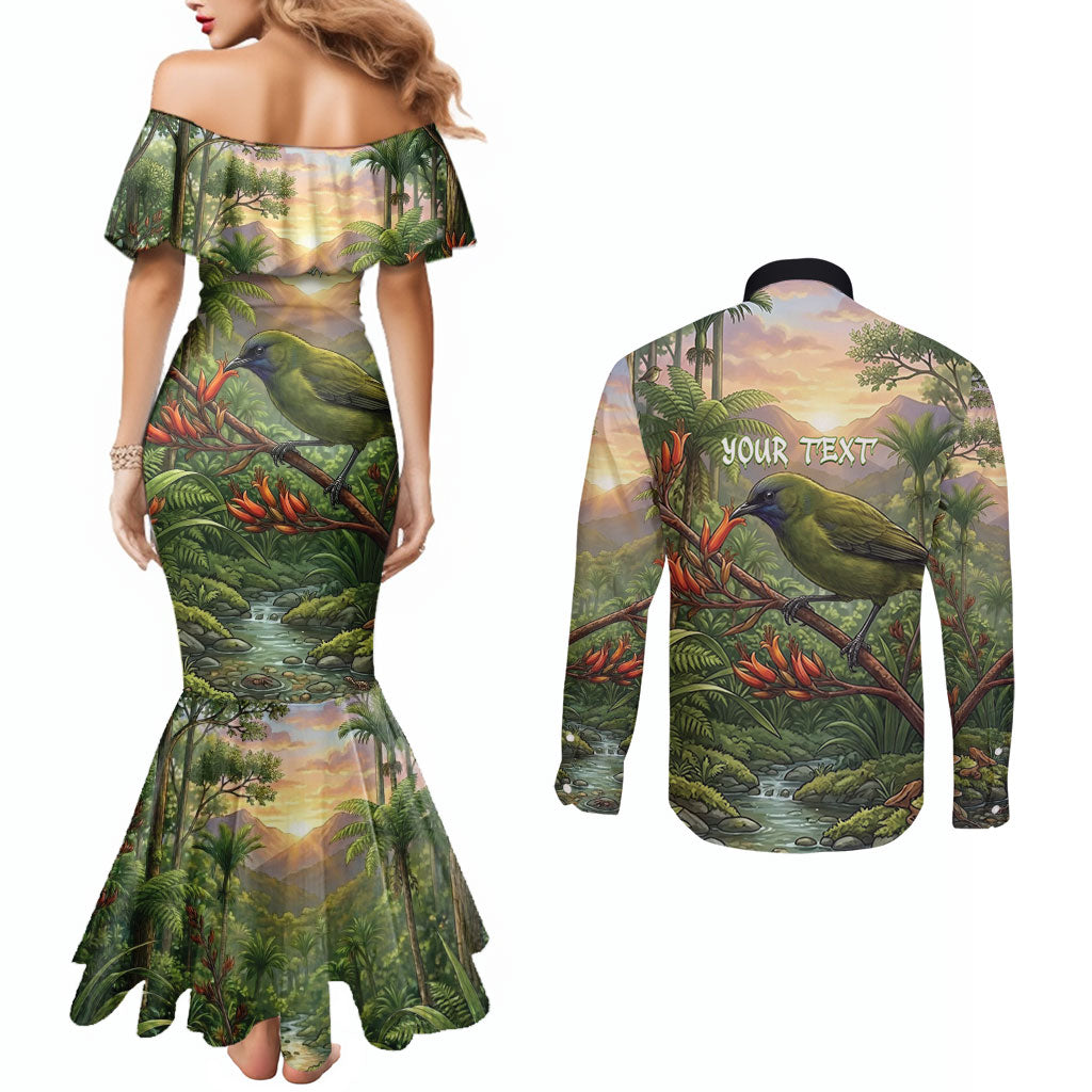 Bellbird New Zealand Personalised Couples Matching Mermaid Dress and Long Sleeve Button Shirt Korimako Harakeke Flower Native Forest LT22 - Polynesian Pride