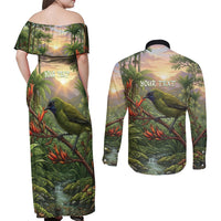 Bellbird New Zealand Personalised Couples Matching Off Shoulder Maxi Dress and Long Sleeve Button Shirt Korimako Harakeke Flower Native Forest