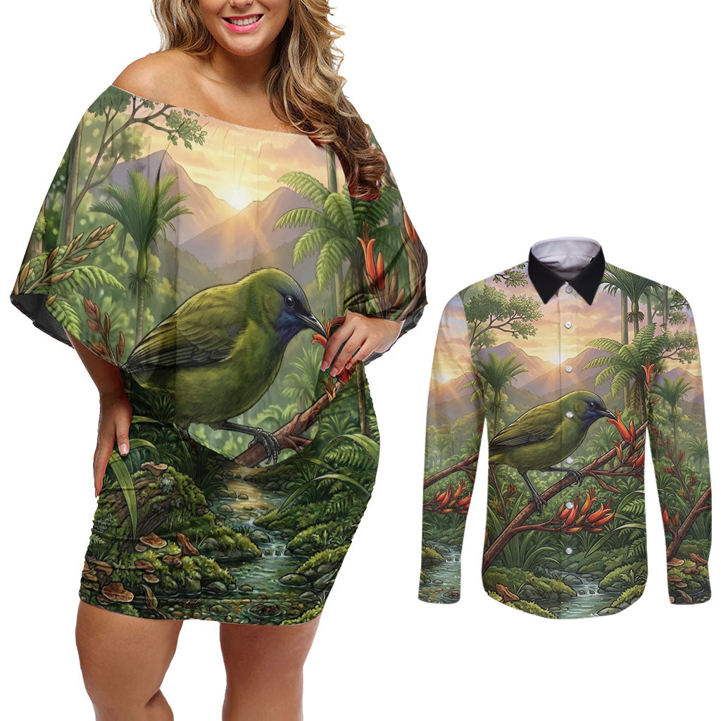 Bellbird New Zealand Personalised Couples Matching Off Shoulder Short Dress and Long Sleeve Button Shirt Korimako Harakeke Flower Native Forest LT22 Green - Polynesian Pride