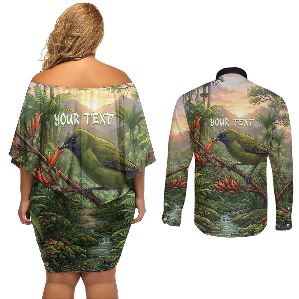 Bellbird New Zealand Personalised Couples Matching Off Shoulder Short Dress and Long Sleeve Button Shirt Korimako Harakeke Flower Native Forest LT22 - Polynesian Pride