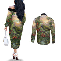 Bellbird New Zealand Personalised Couples Matching Off The Shoulder Long Sleeve Dress and Long Sleeve Button Shirt Korimako Harakeke Flower Native Forest LT22 - Polynesian Pride