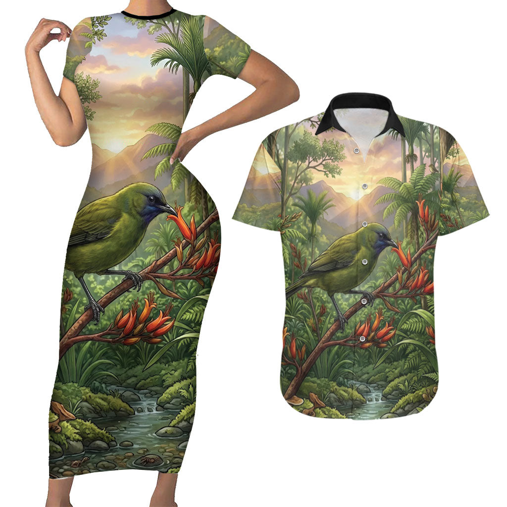 Bellbird New Zealand Personalised Couples Matching Short Sleeve Bodycon Dress and Hawaiian Shirt Korimako Harakeke Flower Native Forest LT22 Green - Polynesian Pride