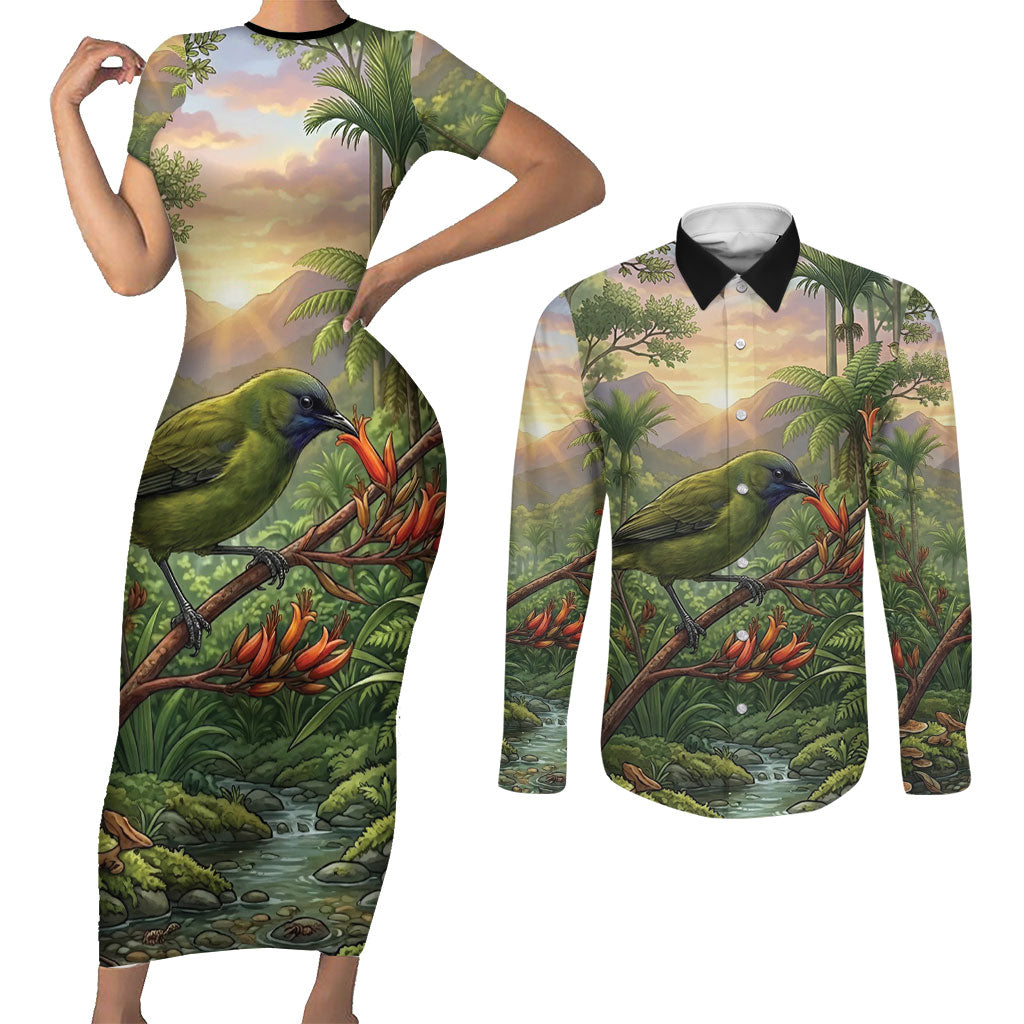 Bellbird New Zealand Personalised Couples Matching Short Sleeve Bodycon Dress and Long Sleeve Button Shirt Korimako Harakeke Flower Native Forest LT22 Green - Polynesian Pride