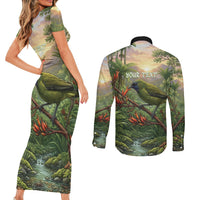 Bellbird New Zealand Personalised Couples Matching Short Sleeve Bodycon Dress and Long Sleeve Button Shirt Korimako Harakeke Flower Native Forest LT22 - Polynesian Pride