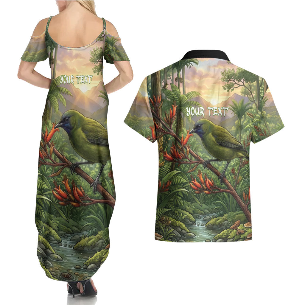 Bellbird New Zealand Personalised Couples Matching Summer Maxi Dress and Hawaiian Shirt Korimako Harakeke Flower Native Forest LT22 - Polynesian Pride