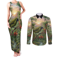 Bellbird New Zealand Personalised Couples Matching Tank Maxi Dress and Long Sleeve Button Shirt Korimako Harakeke Flower Native Forest LT22 Green - Polynesian Pride