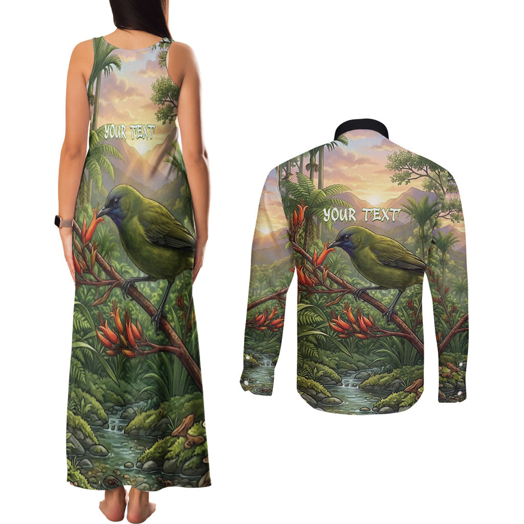 Bellbird New Zealand Personalised Couples Matching Tank Maxi Dress and Long Sleeve Button Shirt Korimako Harakeke Flower Native Forest LT22 - Polynesian Pride