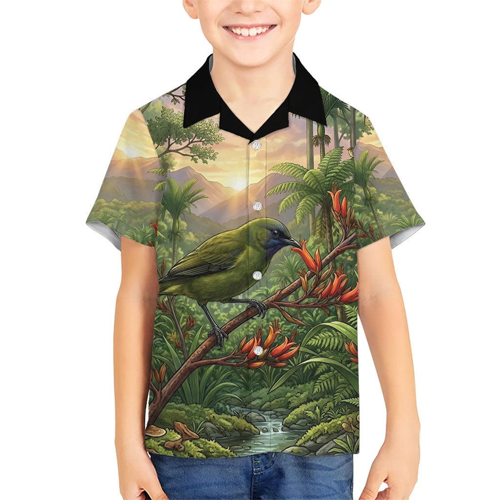 Bellbird New Zealand Personalised Family Matching Mermaid Dress and Hawaiian Shirt Korimako Harakeke Flower Native Forest LT22 Son's Shirt Green - Polynesian Pride