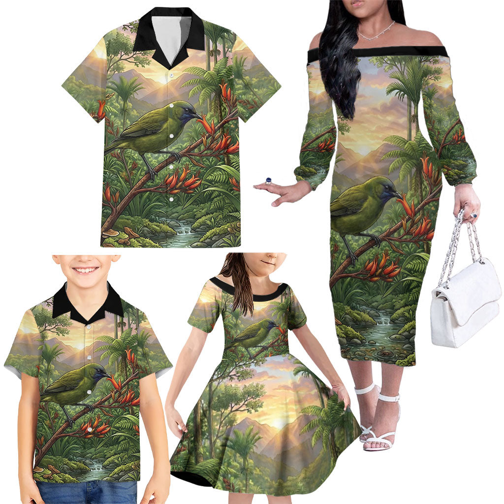 Bellbird New Zealand Personalised Family Matching Off The Shoulder Long Sleeve Dress and Hawaiian Shirt Korimako Harakeke Flower Native Forest LT22 - Polynesian Pride