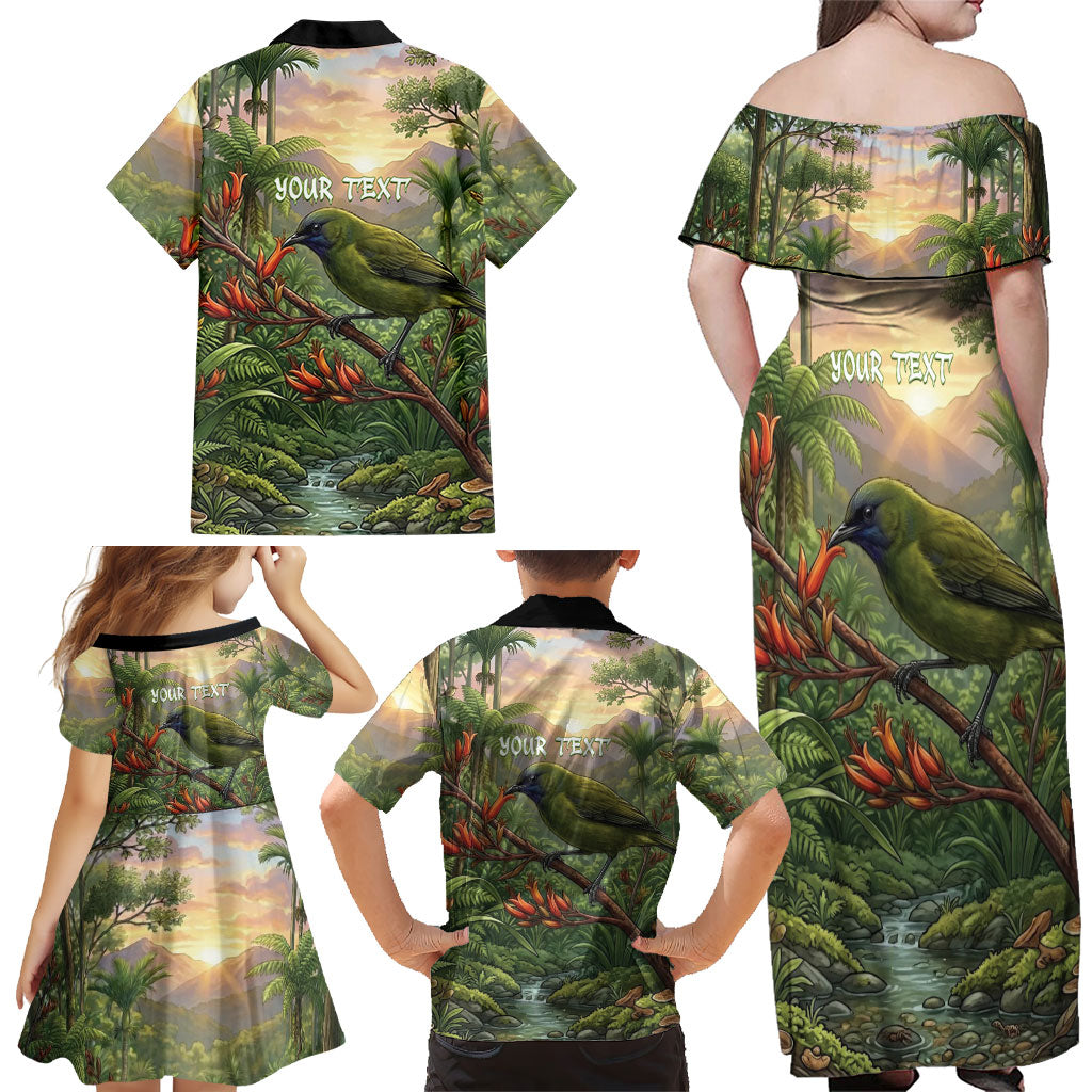Bellbird New Zealand Personalised Family Matching Off Shoulder Maxi Dress and Hawaiian Shirt Korimako Harakeke Flower Native Forest LT22 - Polynesian Pride