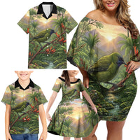 Bellbird New Zealand Personalised Family Matching Off Shoulder Short Dress and Hawaiian Shirt Korimako Harakeke Flower Native Forest LT22 - Polynesian Pride