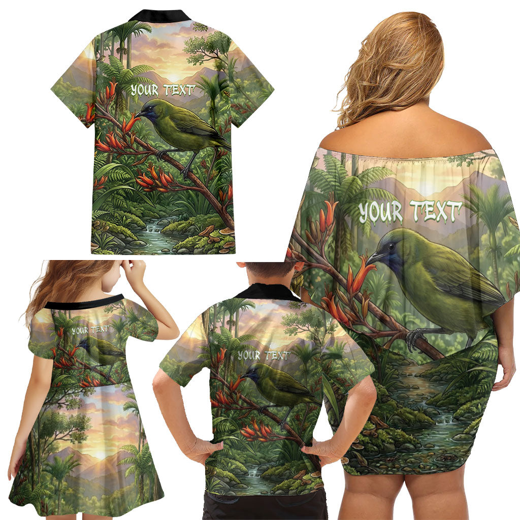 Bellbird New Zealand Personalised Family Matching Off Shoulder Short Dress and Hawaiian Shirt Korimako Harakeke Flower Native Forest LT22 - Polynesian Pride