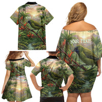 Bellbird New Zealand Personalised Family Matching Off Shoulder Short Dress and Hawaiian Shirt Korimako Harakeke Flower Native Forest LT22 - Polynesian Pride