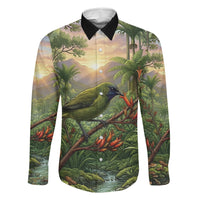 Bellbird New Zealand Personalised Family Matching Puletasi and Hawaiian Shirt Korimako Harakeke Flower Native Forest LT22 Dad's Shirt - Long Sleeve Green - Polynesian Pride