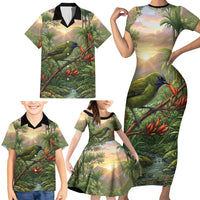 Bellbird New Zealand Personalised Family Matching Short Sleeve Bodycon Dress and Hawaiian Shirt Korimako Harakeke Flower Native Forest LT22 - Polynesian Pride