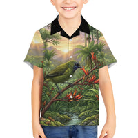 Bellbird New Zealand Personalised Family Matching Short Sleeve Bodycon Dress and Hawaiian Shirt Korimako Harakeke Flower Native Forest LT22 Son's Shirt Green - Polynesian Pride