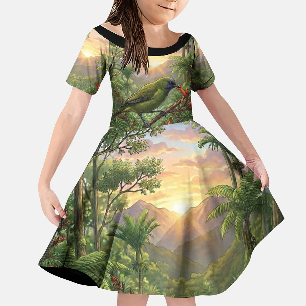 Bellbird New Zealand Personalised Family Matching Summer Maxi Dress and Hawaiian Shirt Korimako Harakeke Flower Native Forest LT22 Daughter's Dress Green - Polynesian Pride