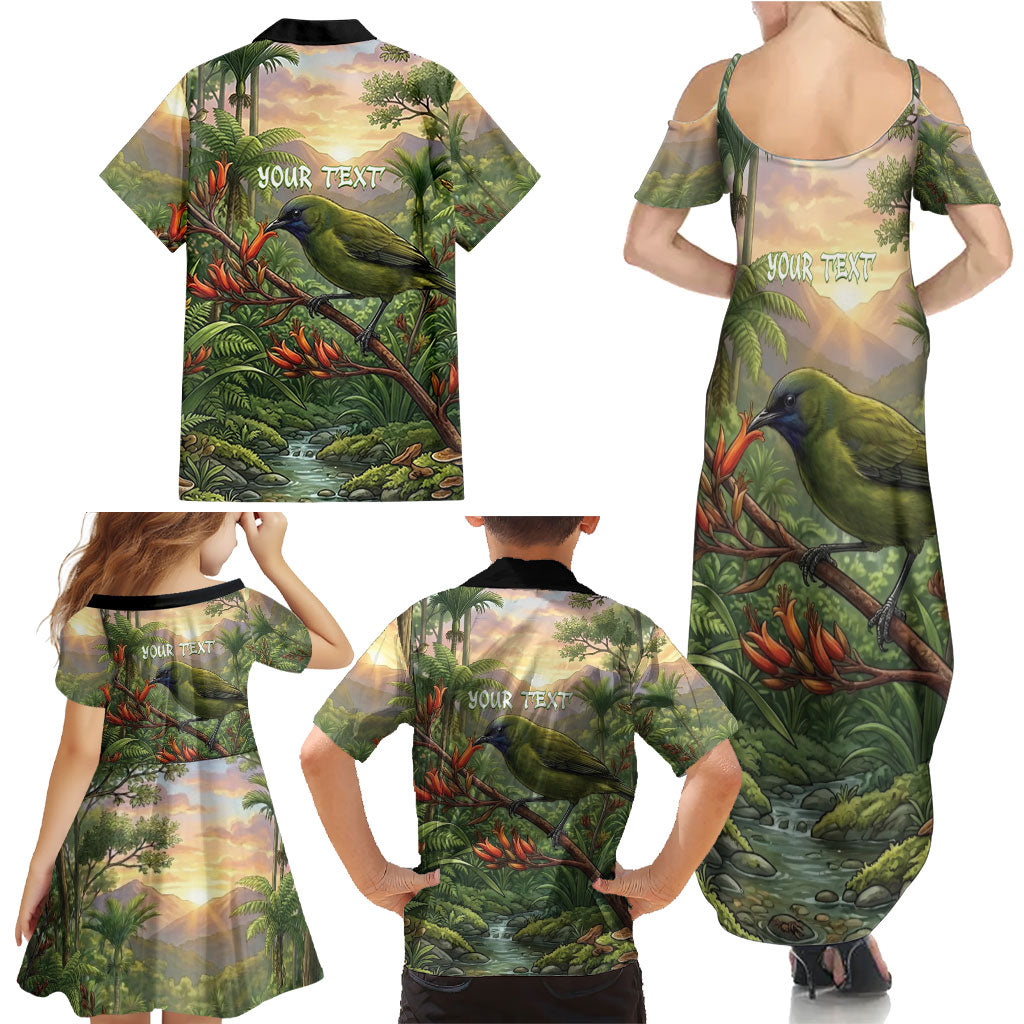 Bellbird New Zealand Personalised Family Matching Summer Maxi Dress and Hawaiian Shirt Korimako Harakeke Flower Native Forest LT22 - Polynesian Pride