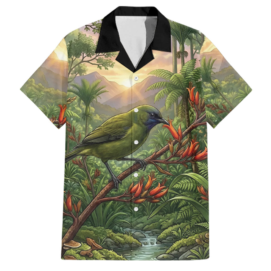 Bellbird New Zealand Personalised Family Matching Summer Maxi Dress and Hawaiian Shirt Korimako Harakeke Flower Native Forest LT22 Dad's Shirt - Short Sleeve Green - Polynesian Pride