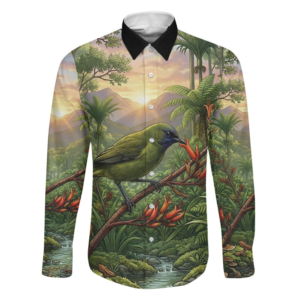 Bellbird New Zealand Personalised Family Matching Summer Maxi Dress and Hawaiian Shirt Korimako Harakeke Flower Native Forest LT22 Dad's Shirt - Long Sleeve Green - Polynesian Pride