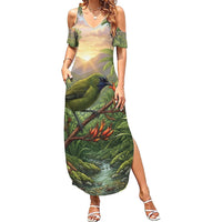 Bellbird New Zealand Personalised Family Matching Summer Maxi Dress and Hawaiian Shirt Korimako Harakeke Flower Native Forest LT22 Mom's Dress Green - Polynesian Pride