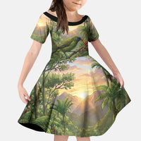Bellbird New Zealand Personalised Family Matching Tank Maxi Dress and Hawaiian Shirt Korimako Harakeke Flower Native Forest LT22 Daughter's Dress Green - Polynesian Pride