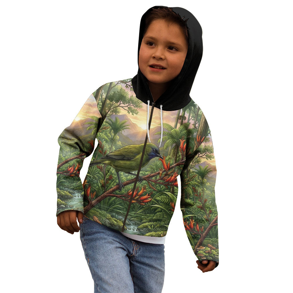 Bellbird New Zealand Personalised Kid Hoodie Korimako Harakeke Flower Native Forest