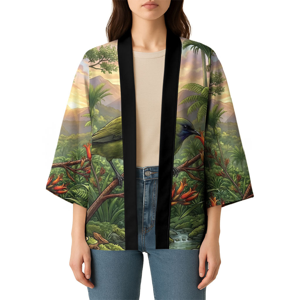 Bellbird New Zealand Personalised Kimono Korimako Harakeke Flower Native Forest