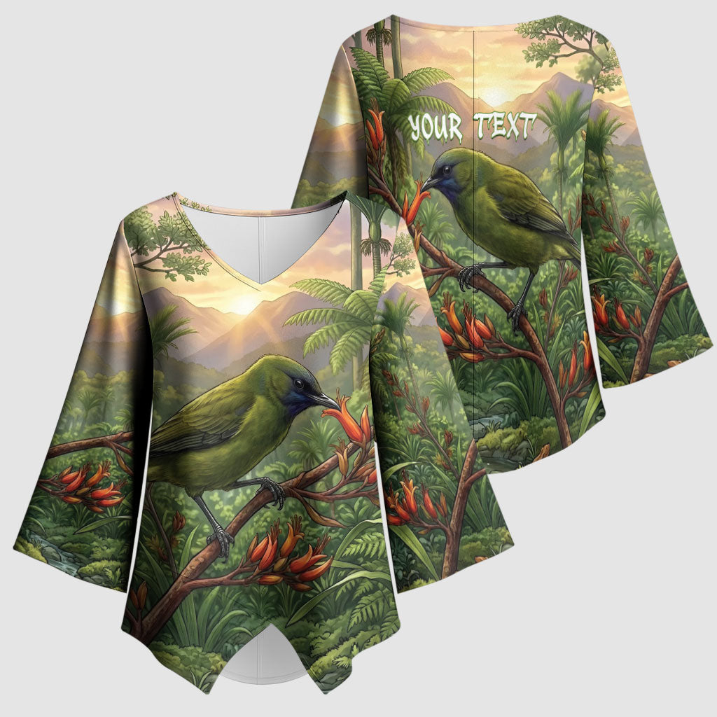 Bellbird New Zealand Personalised Kimono Sleeve Blouse Korimako Harakeke Flower Native Forest