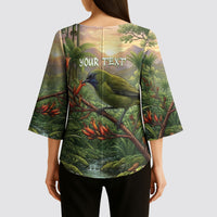 Bellbird New Zealand Personalised Kimono Sleeve Blouse Korimako Harakeke Flower Native Forest