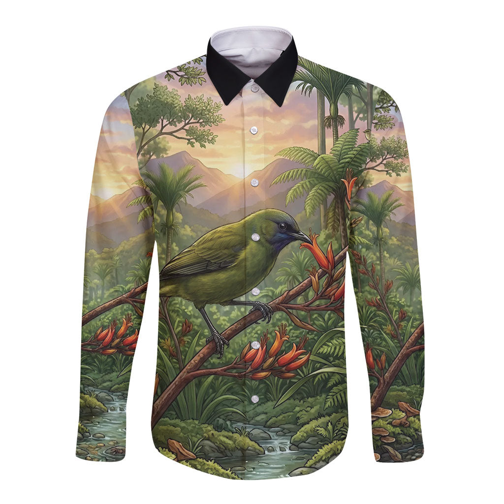 Bellbird New Zealand Personalised Long Sleeve Button Shirt Korimako Harakeke Flower Native Forest