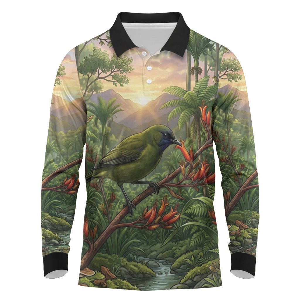 Bellbird New Zealand Personalised Long Sleeve Polo Shirt Korimako Harakeke Flower Native Forest