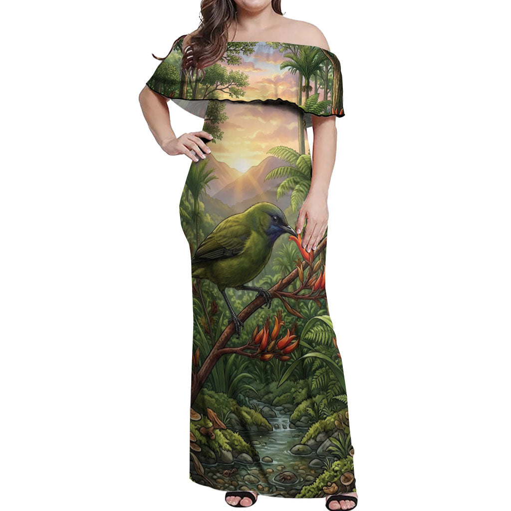 Bellbird New Zealand Personalised Off Shoulder Maxi Dress Korimako Harakeke Flower Native Forest