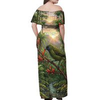 Bellbird New Zealand Personalised Off Shoulder Maxi Dress Korimako Harakeke Flower Native Forest