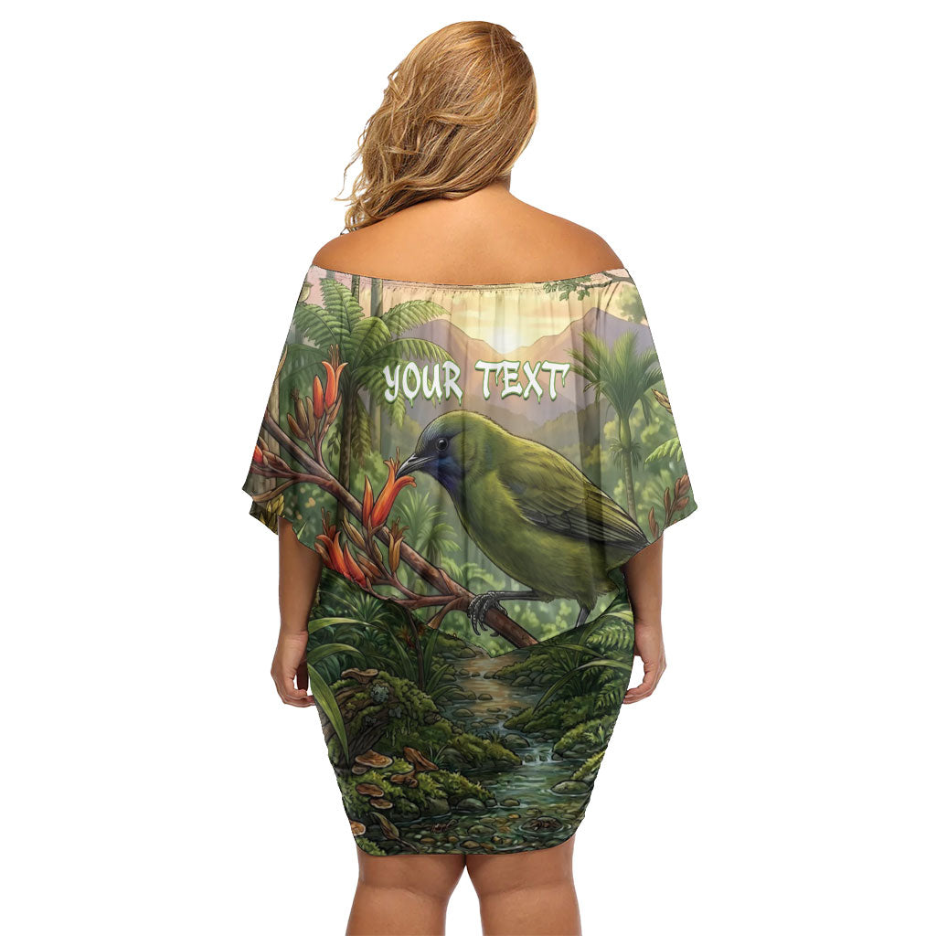 Bellbird New Zealand Personalised Off Shoulder Short Dress Korimako Harakeke Flower Native Forest