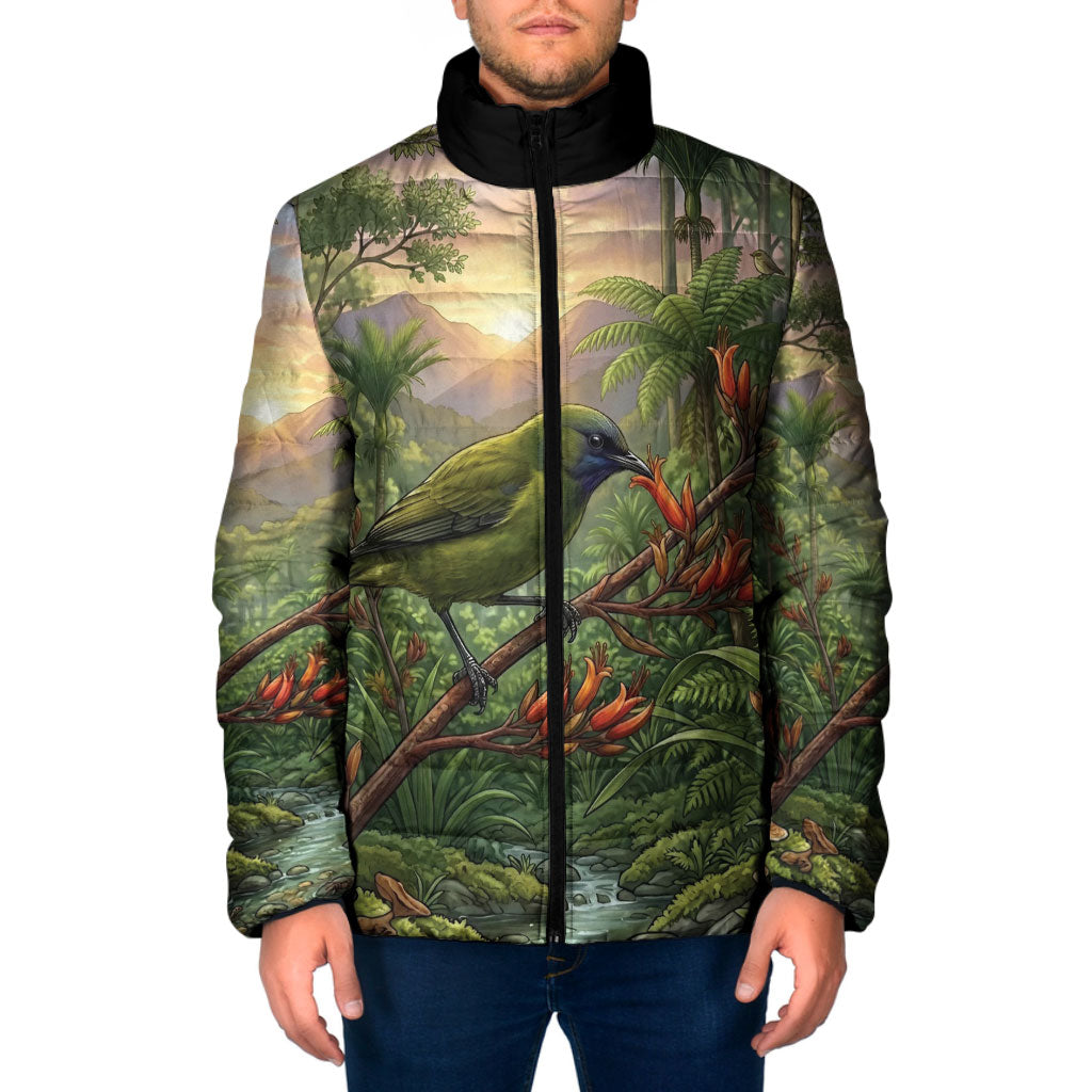 Bellbird New Zealand Personalised Padded Jacket Korimako Harakeke Flower Native Forest