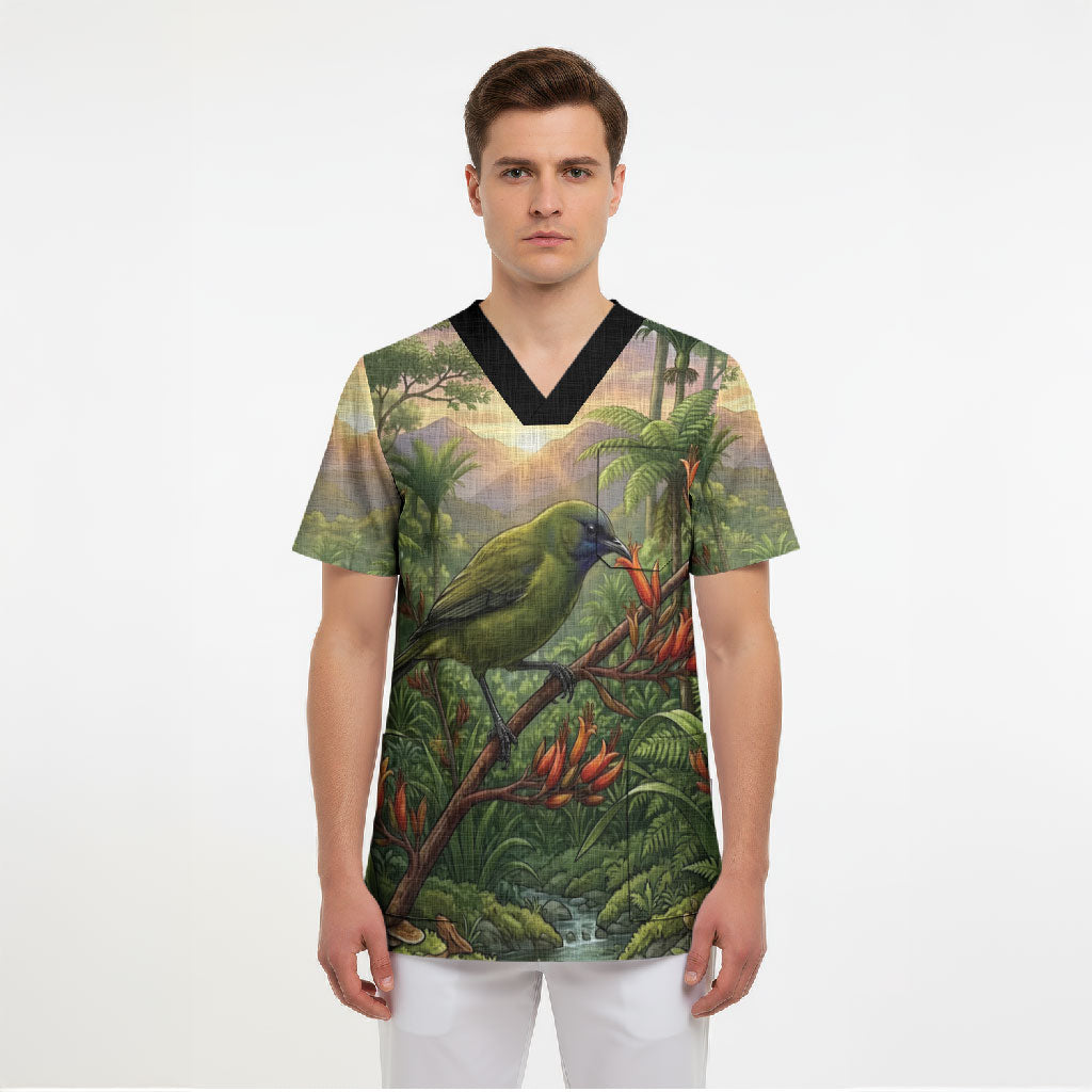Bellbird New Zealand Personalised Scrub Top Korimako Harakeke Flower Native Forest