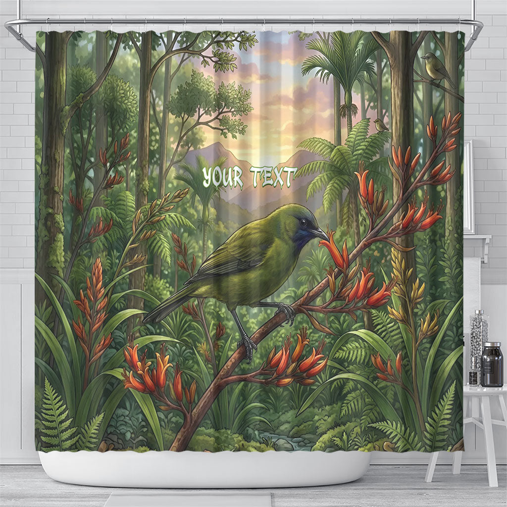 Bellbird New Zealand Personalised Shower Curtain Korimako Harakeke Flower Native Forest