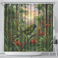 Bellbird New Zealand Personalised Shower Curtain Korimako Harakeke Flower Native Forest