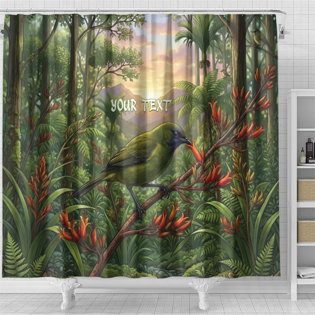 Bellbird New Zealand Personalised Shower Curtain Korimako Harakeke Flower Native Forest
